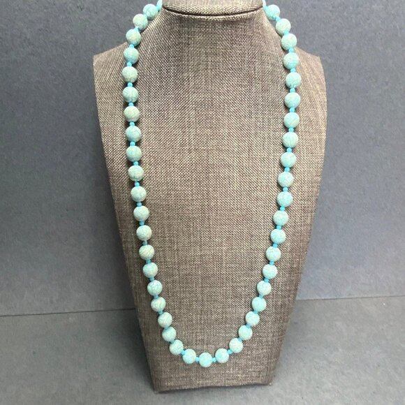 Vintage Jewelry - Vintage Crackle Beaded Necklace 24 In Light Blue Cream Retro Classic Beachy Chic